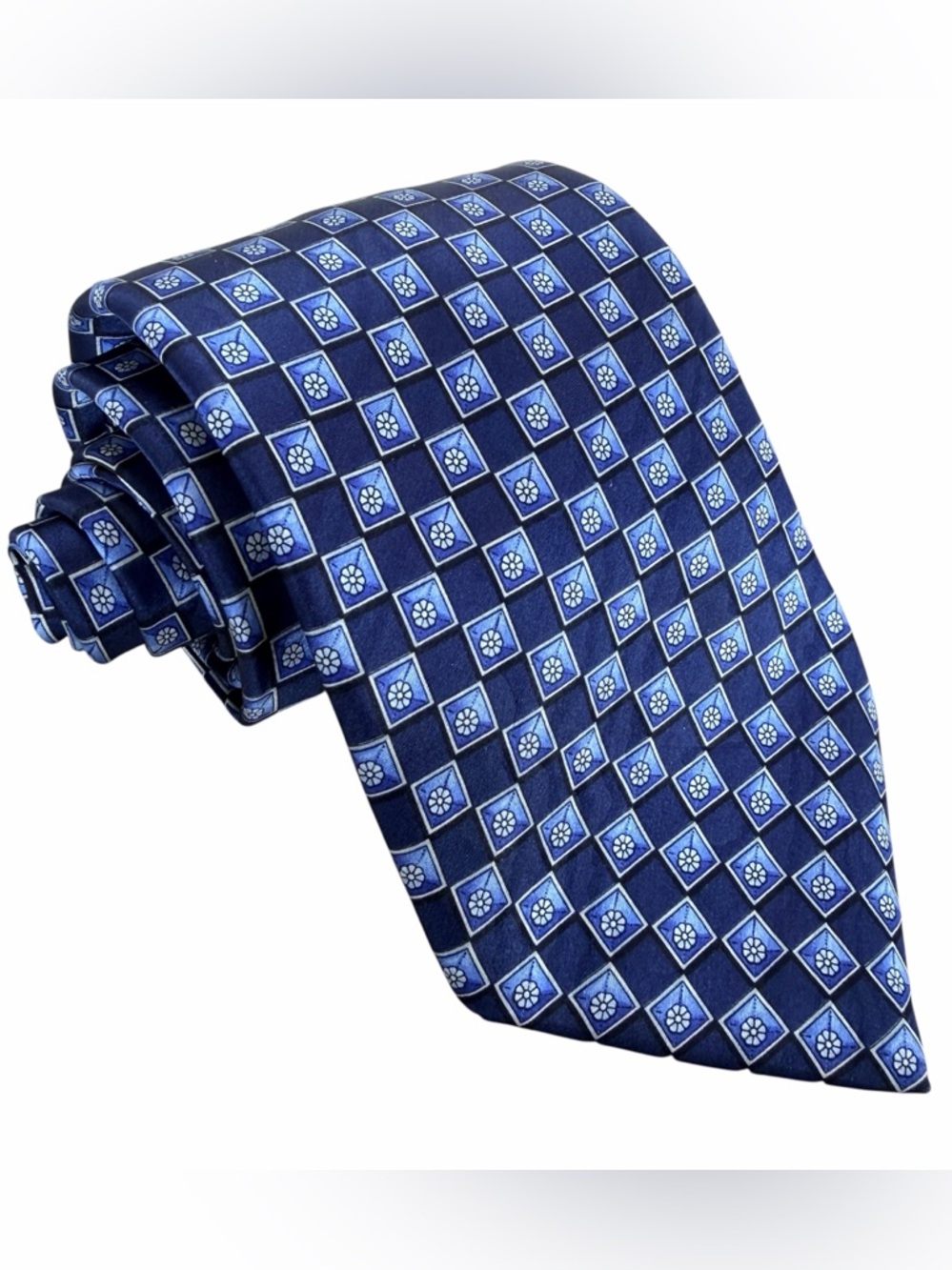 Lanvin Paris Navy and Light Blue Geometric Floral Print Silk Tie Necktie